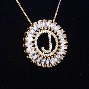 Sparkling Gold Tone and Crystal Initial J Pendant Necklace